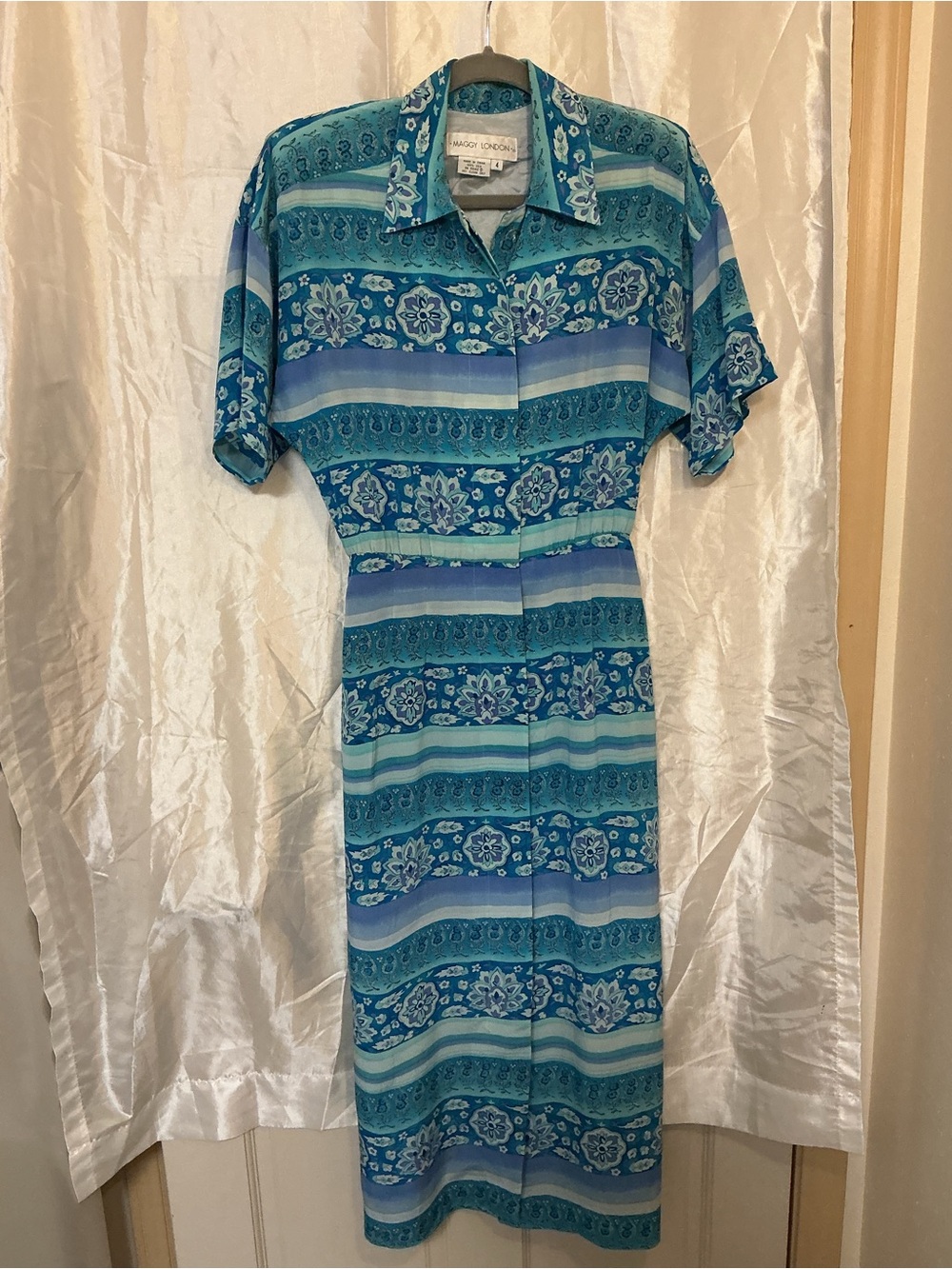Maggy London 100% Silk Blue Patterned Midi Shirt Dress